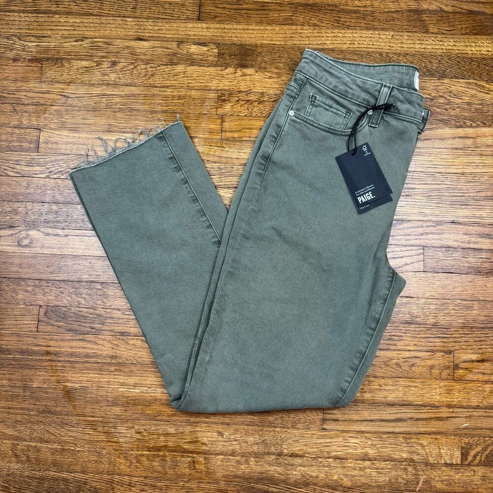 NWT PAIGE Cindy High Rise Straight Ankle Jeans Olive Green Raw Hem Size 29